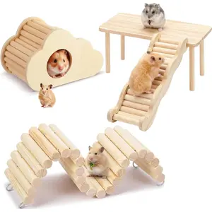 4 Pcs Hamster Platforms Wooden Ladder Bendy Bridge Fence Hidden Play Hamster Game Climbing Toy with Platform Decor Cage Accessories for Dwarf Syrian Mice Degus Gerbils Squirrel Small Pets