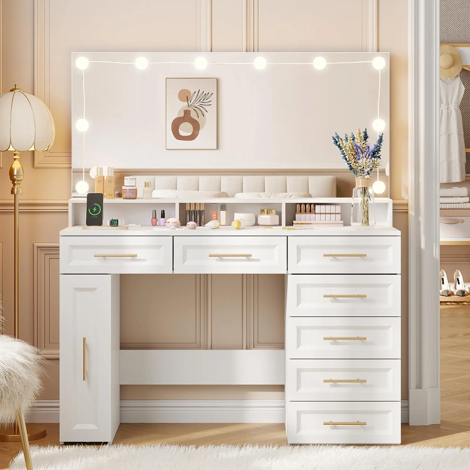 [Summergarden] Vabches Large Makeup Vanity Desk, 47" White Vanity Table with Mirror and Lights, 3 Modes Adjustable Brightness and Jewelry Cabinet, Glass Top Vanity with Power Outlet and 7 Drawers for Bedroom