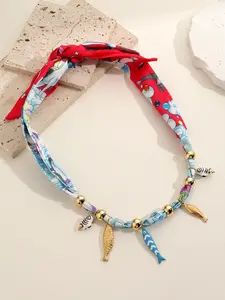 Fashionable Ocean Graffiti Charms Necklace with Multiple Fish Pendants, Beads, Blue Silk Scarf, Perfect Gift for Scarf Lovers, Fashionable Jewelry Accessories