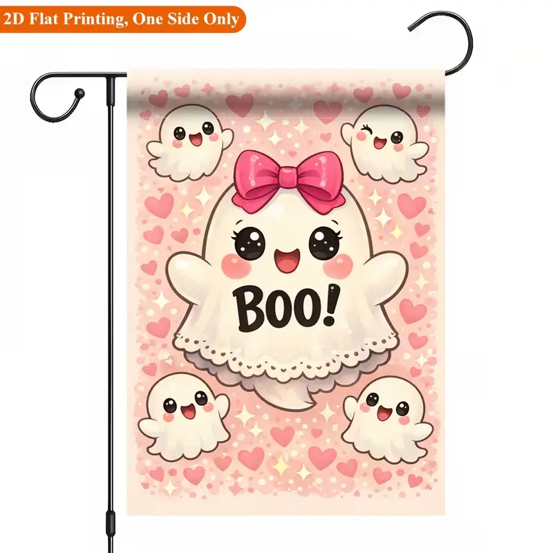 Cute Pink Bow Ghost Boo Garden Flag One Sided Print, Pink Heart Kawaii Ghost Halloween Yard Flag, Sweet Pastel Fall Small House Flag Front Porch Lawn Outdoor Decor, Flagpole Not Included Pastel Pink Heart Kawaii Ghost Boo Garden Flag