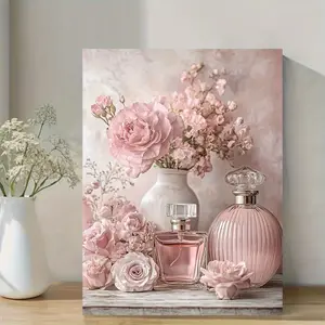 A Vintage Floral Perfume Bottle Canvas Wall Art - Soft Pink Roses in Light Pink Floral Decoration with Wrapped Wooden Frame Canvas Painting - Home Decor - Country Style, Shabby Chic, Farmhouse Decor - Perfect Choi Bathroom Wall Art