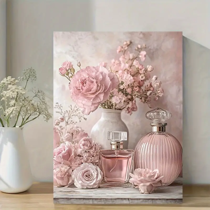 A Vintage Floral Perfume Bottle Canvas Wall Art - Soft Pink Roses in Light Pink Floral Decoration with Wrapped Wooden Frame Canvas Painting - Home Decor - Country Style, Shabby Chic, Farmhouse Decor - Perfect Choi Bathroom Wall Art