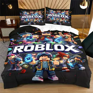 Pixel-style 3D illustrated print bedding set with a Roblox theme, a cute and adorable Christmas bedroom decoration gift for children, including 1 quilt cover and 1 or 2 pillowcases (excluding quilt and pillow inserts)