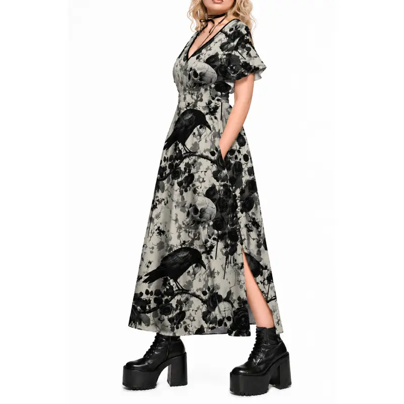Rgothic Women's Plus Size A-Line Midi Curvy Distressed Casual Dress - Short Sleeve, Floral Skull Crow Branch Print, Split Pockets, Goth Clothes for Spring Autumn, Curvy Casual Dresses, Distressed Casual Dresses backtoschoolshopping