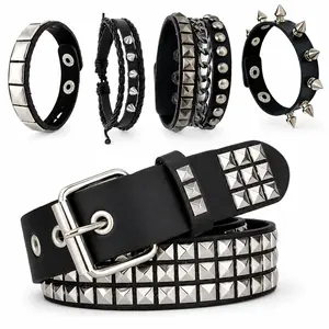 Punk Studded Belt & Bracelet Set for Women Men, Goth Y2K Emo Grunge PU Leather Belt with 4 Adjustable Spike Bracelets, Punk Rock Accessories for Concert Cosplay Halloween Outfit, Summervibes outdoorfun