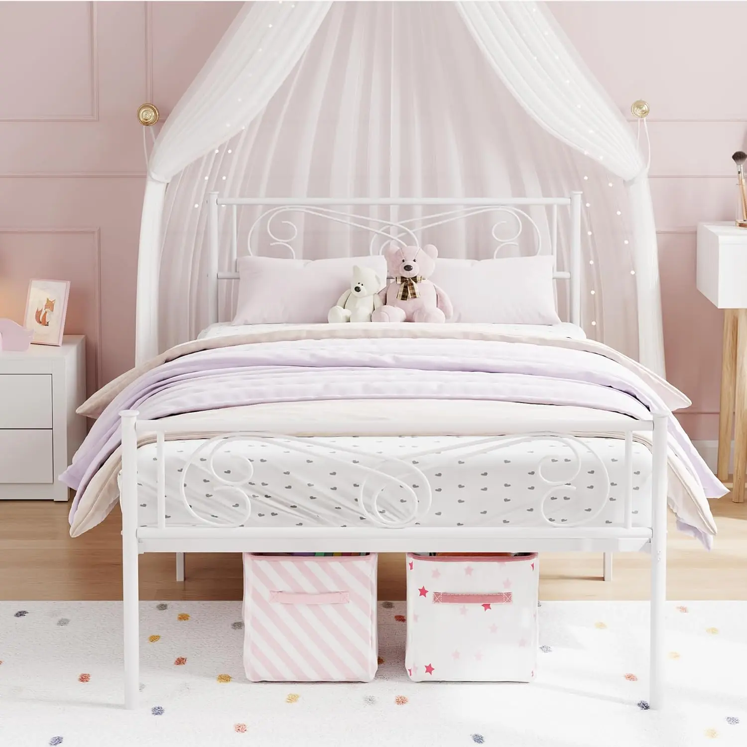 Twin Size Metal Bed Frame for Kids - Durable Wrought Iron Headboard, Footboard, Noise-Free Slat Support Platform, No Box Spring Needed, White Bedroom Furniture