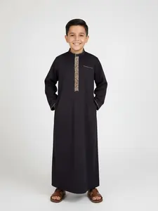 Muslim Boy Blcak Thobe Robe for 8-12Y, Elegant Embroidery Design, Stand Collar Long Sleeve with Side Pockets, Comfortable Fashion for Daily Wear, Parties, Special Occasions