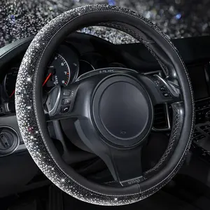 Bling Diamond Leather Steering Wheel Cover, Bling Sparkly Crystal Glitter Rhinestones Universal Fit 14" 1/2-15" Car Wheel Protector for Women Girl Fit Suvs,Vans,Sedans,Trucks, Black Silver