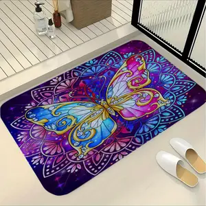 Butterfly Blue Bath Mat, Anti-Slip Diamond Pattern Rug, Kitchen Bathroom Laundry Room Entrance Mat, Home Decor Gift