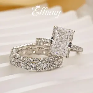 Effinny Jewelry 4.0ct Radiant Cut 3PC Wedding Ring Set, 925 Sterling Silver Promise Ring, 5A Grade Cubic Zirconia Women's Ring with 2 Eternity Bands