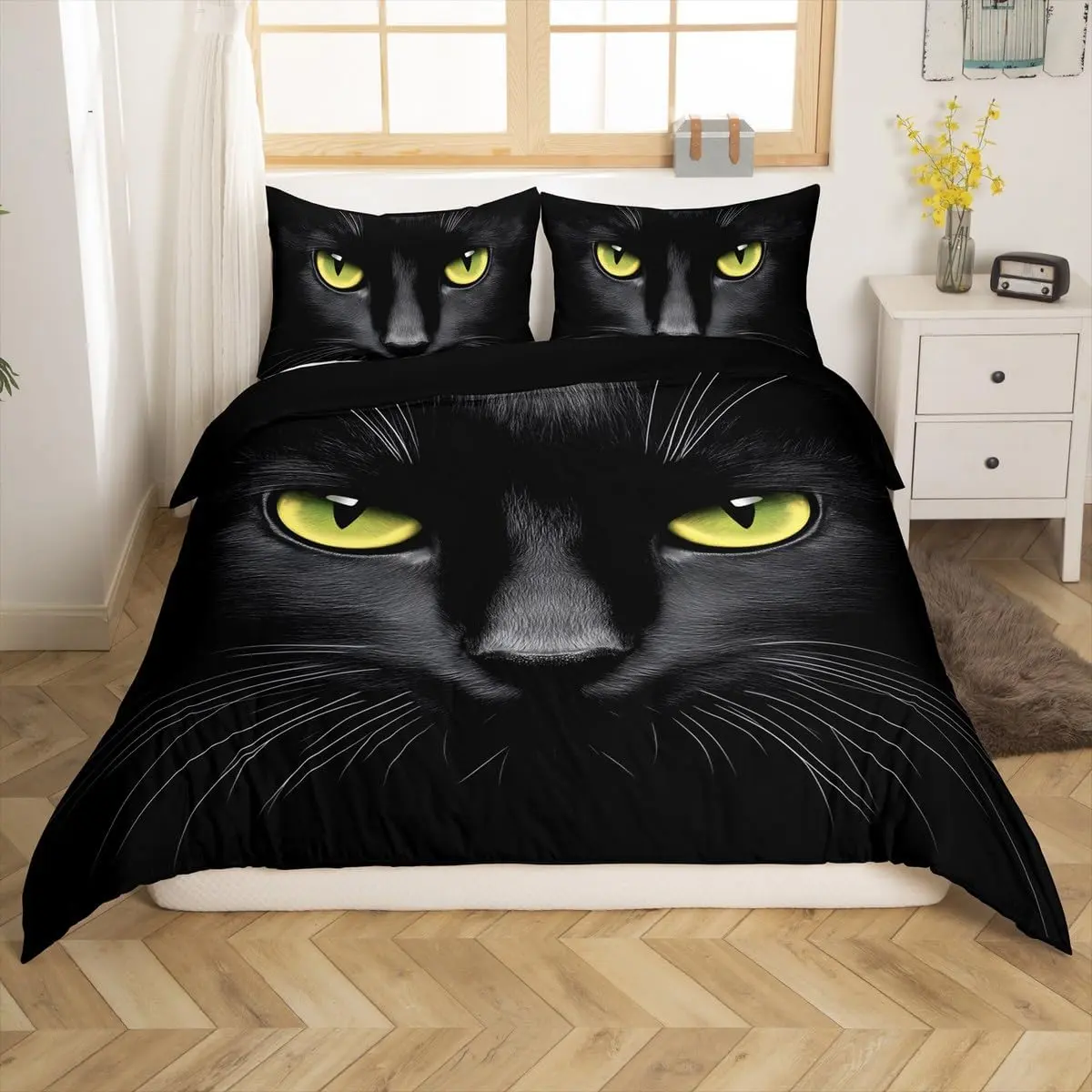 Feelyou Black Cat with Yellow Eyes Printed Duvet Cover Set - Breathable Microfiber Bedroom Bedding, Decorative Pet-Themed Bed Decor with Zipper Closure, No Comforter, Bedroom Bedding Set, Breathable Duvet Set
