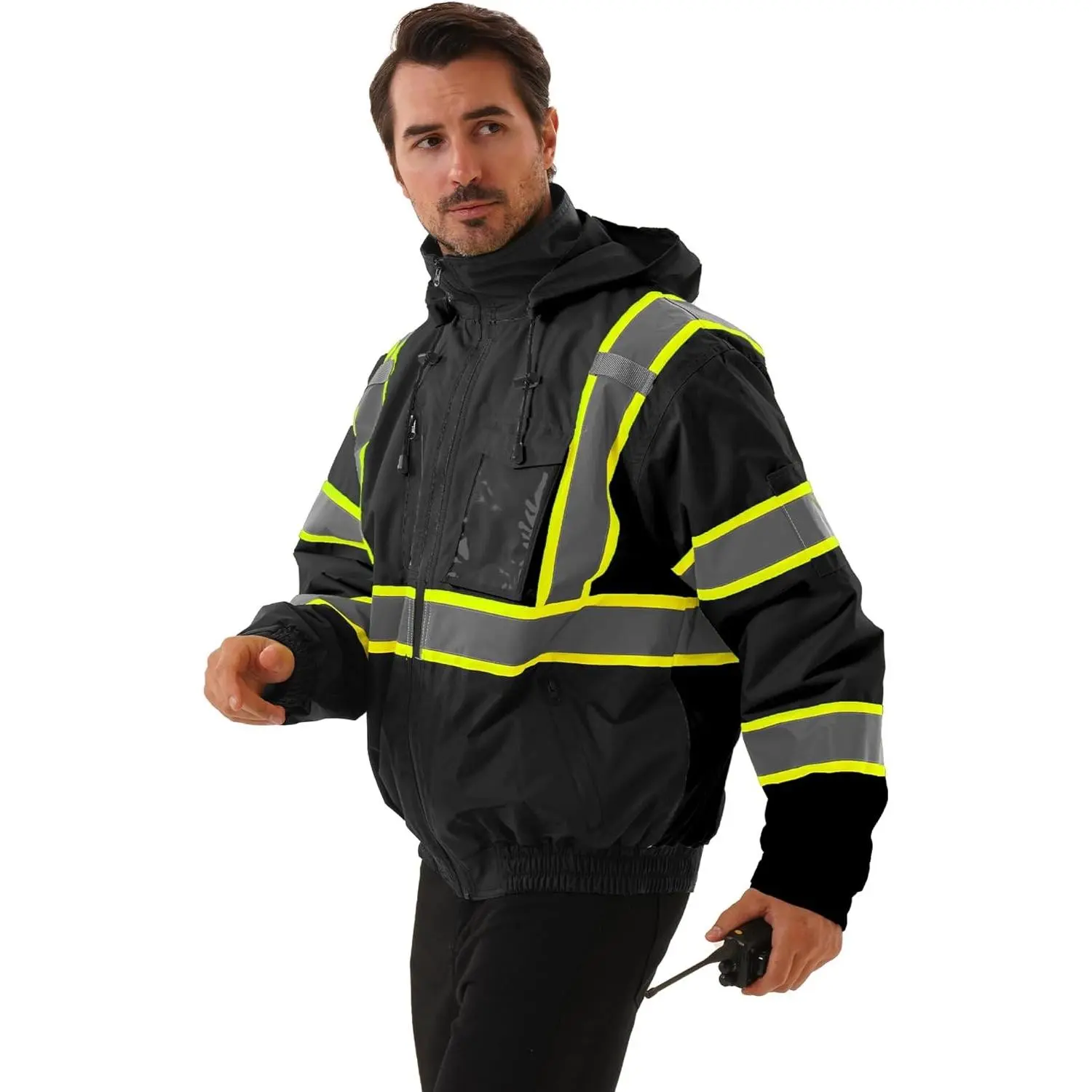 Hi Vis Safety jacket for men,Reflective high Visibility Hooded jacket,Work Bomber Jacket with Pockets and Zipper,Waterproof,ANSI Class 3 Black,3XL
