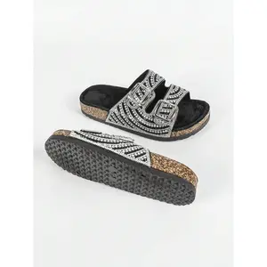 roulvxiang New Design Double-Strap Diamond Glitter Slider Women Fluffy Thick Sole Gray Sandals, Casual Home, Beach, Party, Garden Slippers Shoe Girl