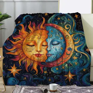 A vintage sun and moon pattern flannel blanket, soft and comfortable, suitable for all seasons, suitable for sofa, bed, office, car, camping, and travel holiday blanket