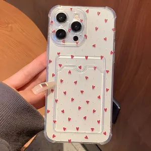 Card Holder with Small Red Heart Transparent Card Slot Mobile Phone Case for iPhone 14/13 Pro Max/12 Pro/11/15, with Cute Heart Design - Popular Hollow Design, Equipped with Shock-Absorbing Air Protection Cellphone Protector Cover