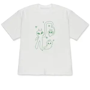 2026 Spring/Summer Green Drop-Shoulder Short Sleeve T-Shirt - Alien Trio Graphic with Star Accents, Cute & Comfortable Skin-Friendly Design