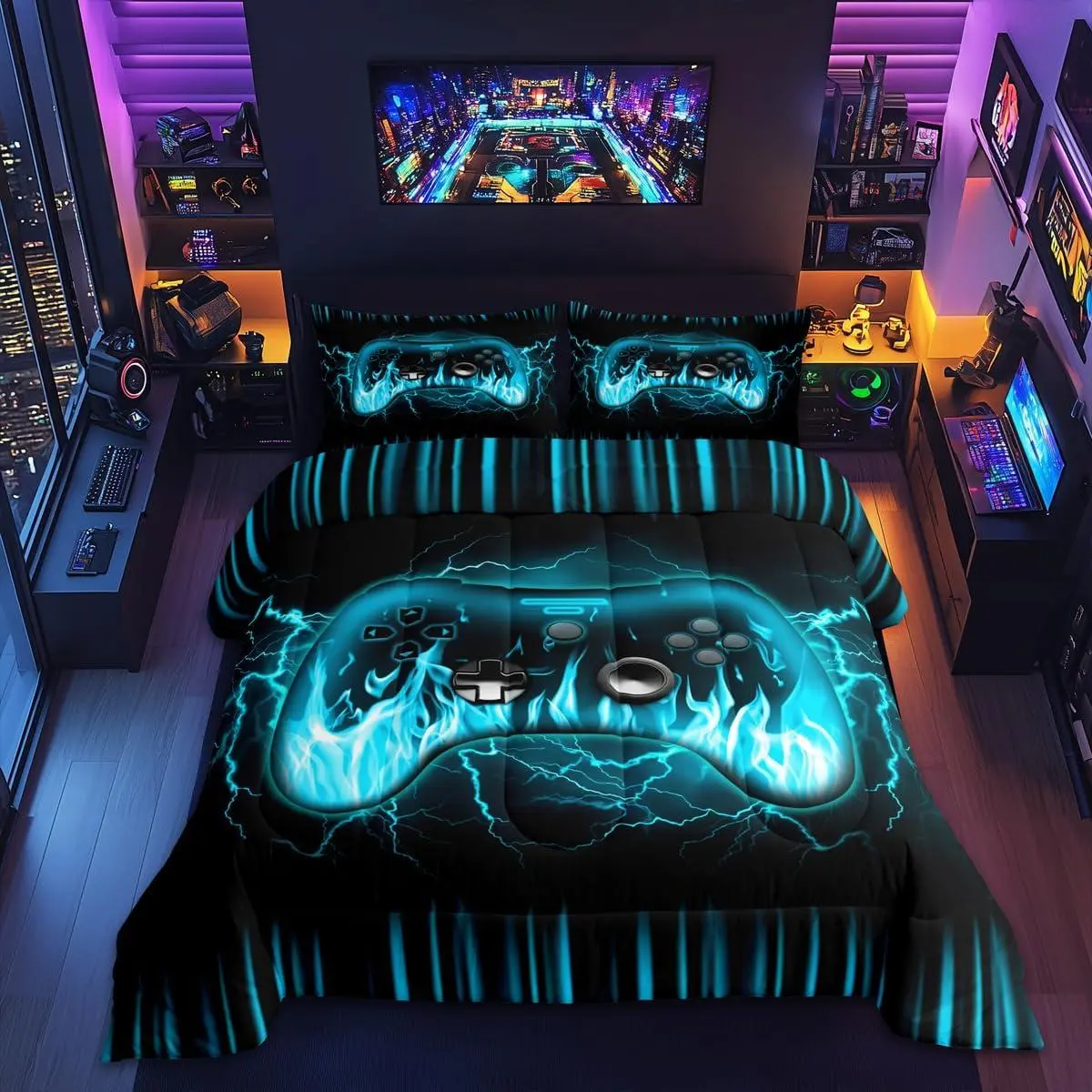 Gamer Bedding Set,Gaming Comforter Set Bedroom Room Decor,3D Geometric Video Game Contoller Comforter,Lightnings Fire Gaming Bed Set All Season