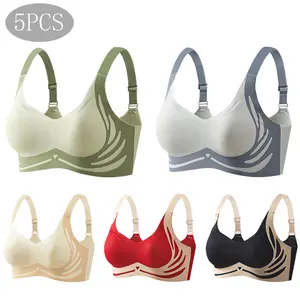 5-Piece Set Women’s Colorblock Wireless Bra with Adjustable Straps, Soft, Comfortable, Breathable Bra, Women’s Lingerie for All Seasons