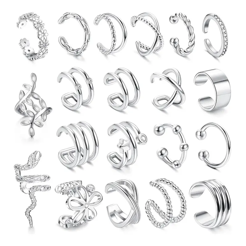 Mixed Shape Non Piercing Ear Cuff Set, Ear Cuffs Non Piercing, Earring Stacking Set, Hoop Earring Sets, Snake & Flower & Leaf Design Fashion Versatile Earrings for Women & Girls, Trendy All-match & Exquisite Jewelry for Birthday Gift Earcuff