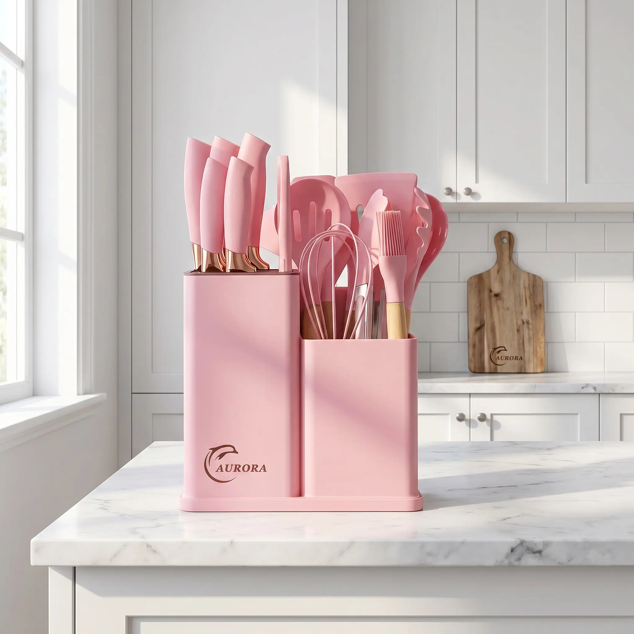 19-Piece Kitchen Knife Bundle with Heat-Resistant Silicone Cutlery, Wooden Handles - Nonstick Cooking Set Including Chef Knife, Non-Stick Compatible Tools, Pots, Pans, Stylish White Pink Ladle (Valentine's Day Gifting Option), Bundle Cookware Sets