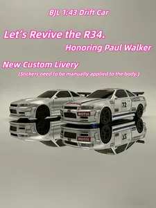 New 1:43 Drift Car Classic R34 Replica Design, with a Brand New Look., Full-Scale Throttle and Steering Control, AWD, Interchangeable Tires, USB Charging, Front and Rear LED Headlights – Perfect Birthday Gift for Kids & Boyfriends, Ideal Desktop Drift Toy