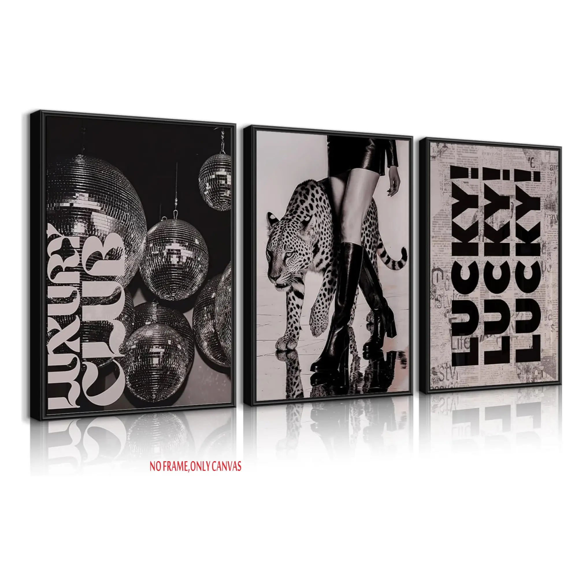 3-Piece Set / Black Leopard Print Wall Art: Stylish Animal Print Cheetah Poster, Cool Disco Ball Painting, Retro College-Style Canvas Art, Vintage Prints, Luxurious Aesthetic Wall Decor, Perfect for bedrooms, apartments, dorm rooms, 2D flat, frameless