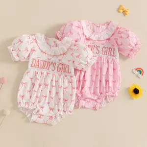 Newborn Baby Girl Summer Outfit Mamas Girl Daddy's Girl Smocked Bubble Romper Doll Collar Short Sleeve Bodysuit Bow Clothes