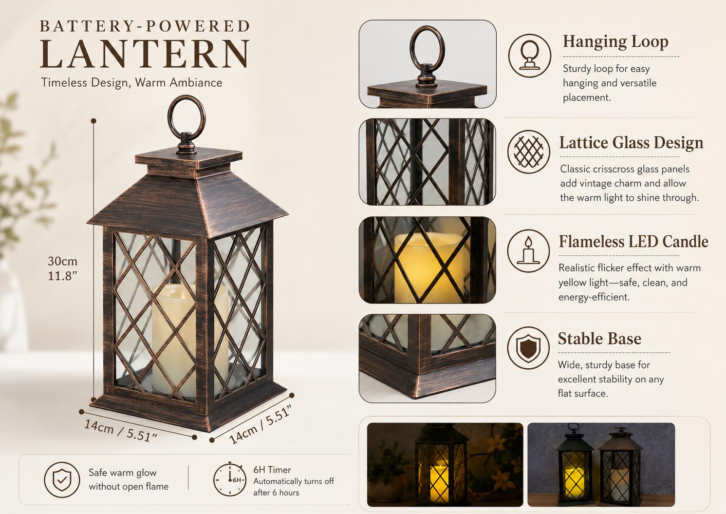 APZZLOXH 1/2 Pack Vintage LED Flame-less Candle Lanterns, Battery-Powered Decorative Hanging Lanterns with 6H Timer, Bronze/Black Metal Lattice Lanterns for Patio, Porch, Garden, Table Decor