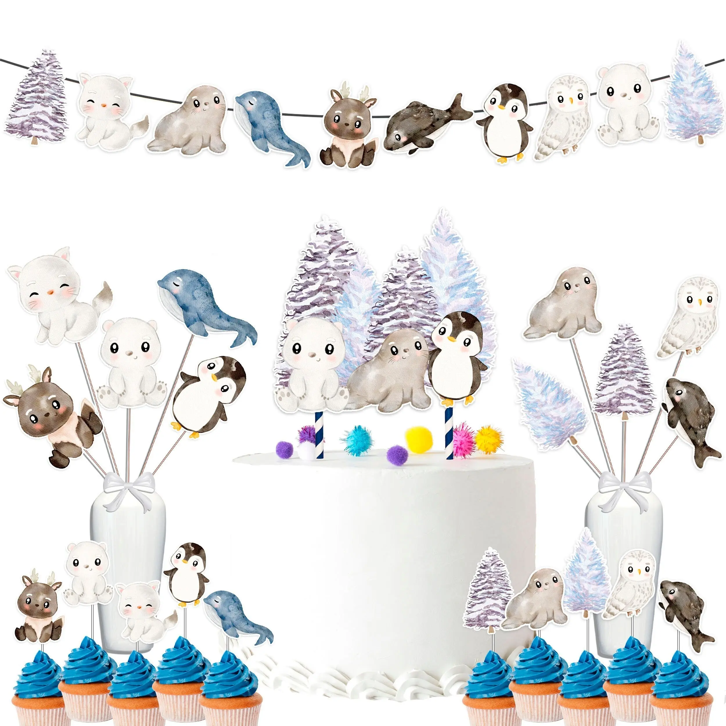 Arctic Wonderland Party Decor Set - Banner, Cake Topper, Cupcake Toppers & Centerpieces for Chilly Birthdays & Baby Showers