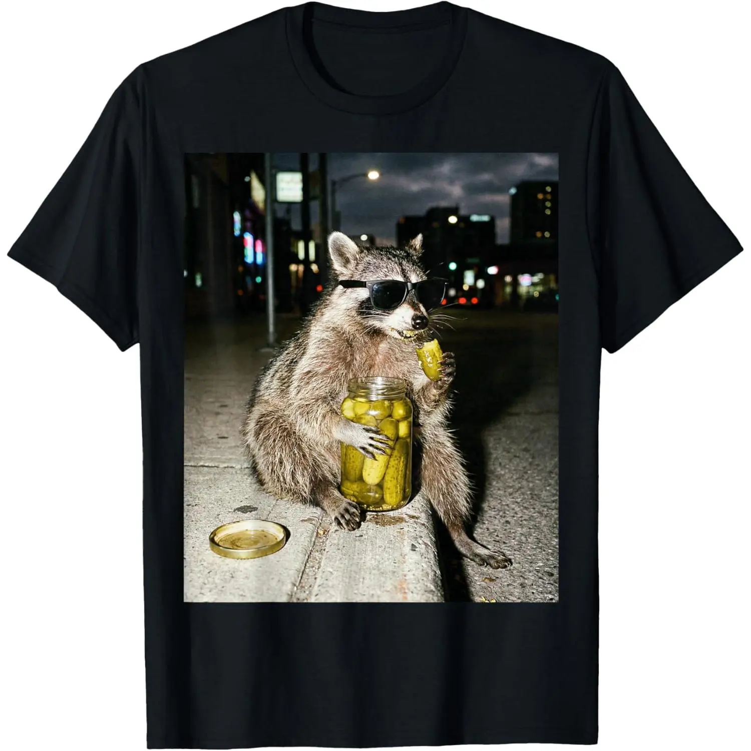Funny Raccoon Eating Pickles Meme Men Women T-Shirt,Monaco,soft