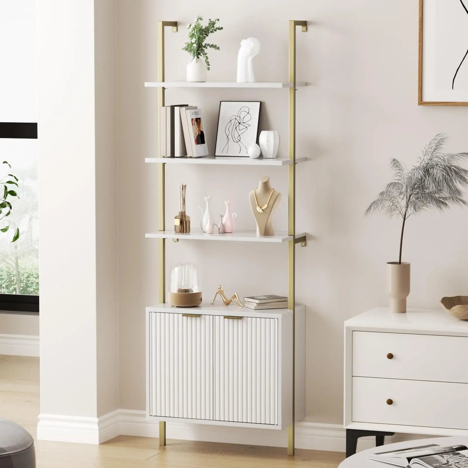 [Summergarden] Vabches Aesthetic Minimal 3-Tier White & Gold Ladder Shelf with Storage Cabinet, Modern Interior Furniture with Doors, Wall-Mount Racks with Metal Frame for Living Room, Home Office