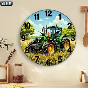2D flat design. 1 piece set. Green Tractor Farm Creative Wall Clock, Silent Decorative Wall Clock, Creative Wall Clock, Suitable for Bedroom, Living Room, Office Decoration, 25/30cm (excluding AA batteries), 2D Flat Version