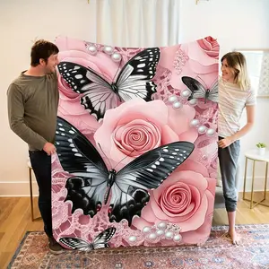 Pink Rose And Butterfly Pattern Flannel Blanket Soft Warm All Season Throw For Sofa And Bed Use