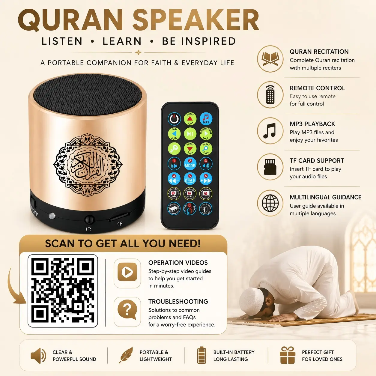 Portable Digital Quran Speaker,Bluetooth Speaker,with Remote Control,MP3 Player,USB Rechargeable,8GB Storage,18 Reciters,15 Translations,Arabic,English,French,Urdu & More (Gold)