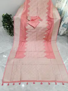 Pastel Coral Rose Soft Tissue Saree with Subtle Gold Geometry Center Design & Stitched Blouse