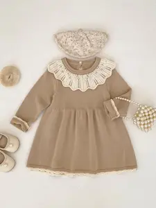 New Knit Long Sleeve Dress for Baby Girls, Toddler Outfit, Elegant Lace Princess Style, Fitted Sweater Dress for Spring & Fall, Home Party