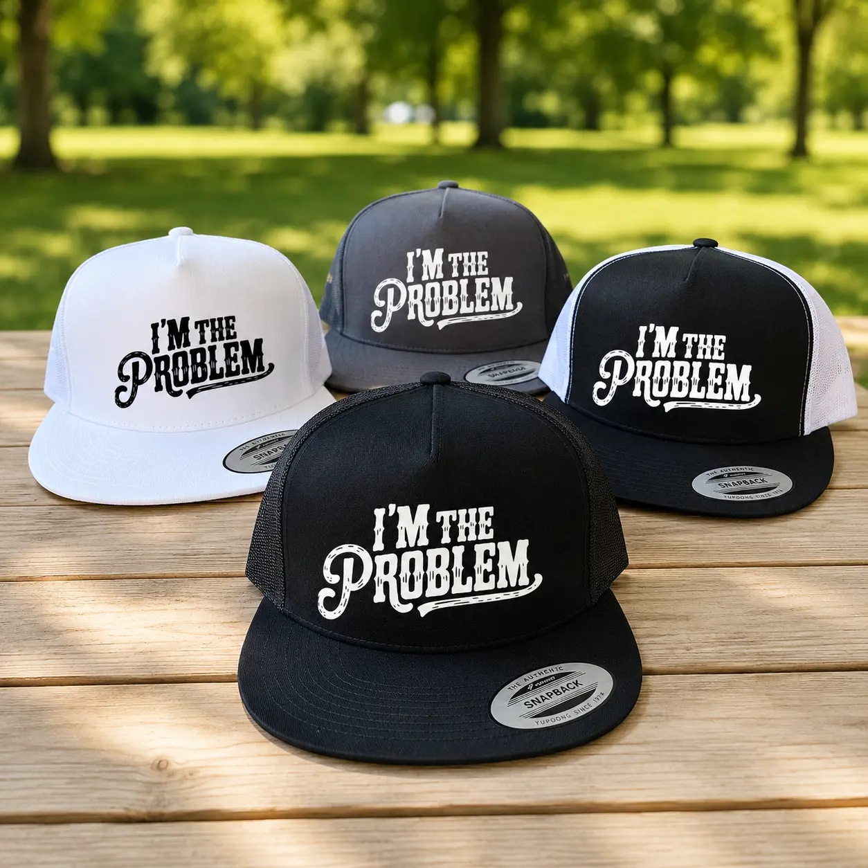 I’m The Problem Trucker Hat for Men and Women, Funny Printed Snapback Hat, Adjustable Mesh Flat Brim Baseball Cap, Unisex Outdoor Casual Hat Gift for Him Her