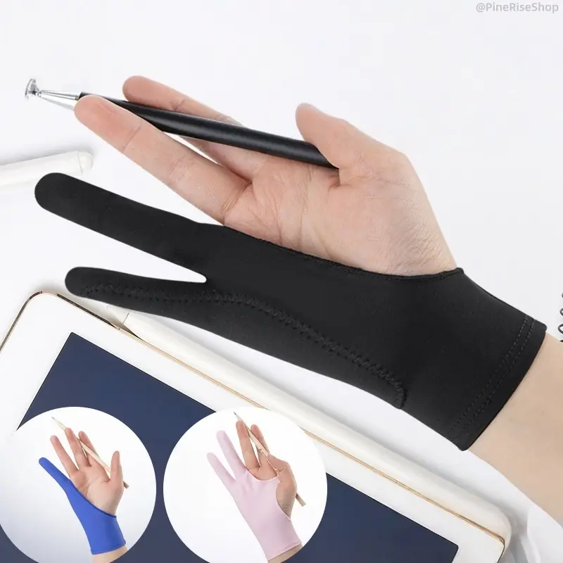 PineRise Women's 2pc Artist Drawing Sports Gloves - 2-Finger, Lightweight, Stretchy Fabric, Breathable, Anti-Friction Smudge Guard, Palm Rejection for Digital Tablet Painting, Black/Blue/Pink