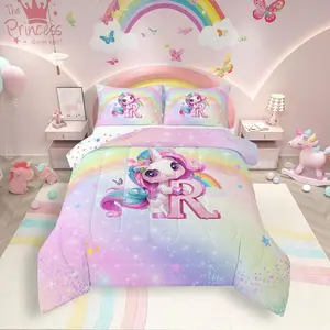 Feelyou Queen Bedding Set - Rainbow Unicorn Printed Blanket, Breathable Soft Polyester Fiber Comforter with U-Stitching, Purple Multi-Size Travel-Ready Alphabet Monogram R Bedding for Girls, Breathable Soft Blanket