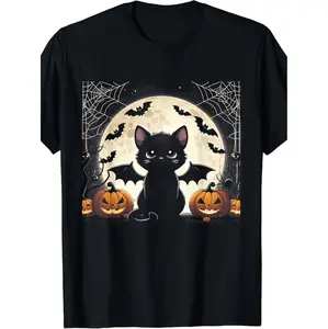 Adorable Black Cat Graphic Tee Featuring Bat Wings and Pumpkin Design Perfect for Halloween Parties or Everyday Wear