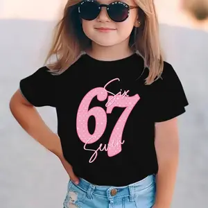 Girls' 67 Number 67  T-Shirt - 6th Party Outfit with Number 67 Print, Short Sleeve Round Neck Casual Summer Top for, Year-Round Wear