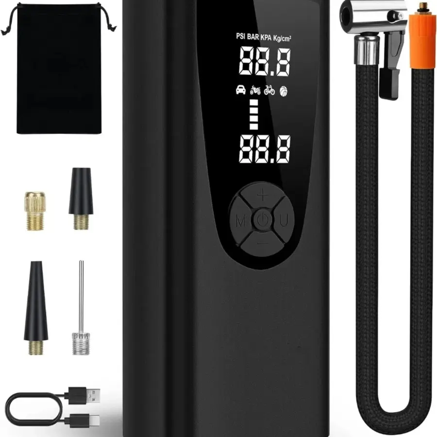 Portable Tire Inflator and Battery Jumper - Rechargeable 20000mAh Power Bank, 150 PSI Electric Air Compressor with Pressure Gauge, Emergency Light, Compact for Car, Motorcycle, Bicycle, Sports Balls (Black)