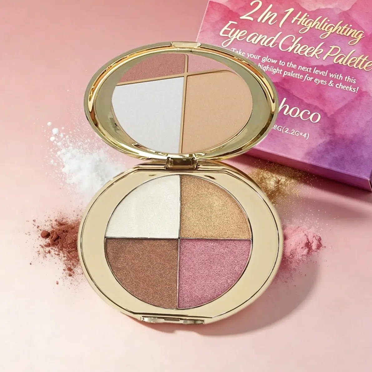 4-in-1 Glow Palette - Flawless Blendable Powder 4-Shade Set with Highlighter, Blush, Eyeshadow, Tocopherol Ace, Brightens, Applies Evenly for All Skin Types, Single Item, Buy 1 Get 1 Free
