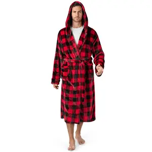 Pavilion Men's Hooded Bathrobe - Fleece Checker Robe with Hood, Plush Long Male Robe with Pockets, Plaid Buffalo Check