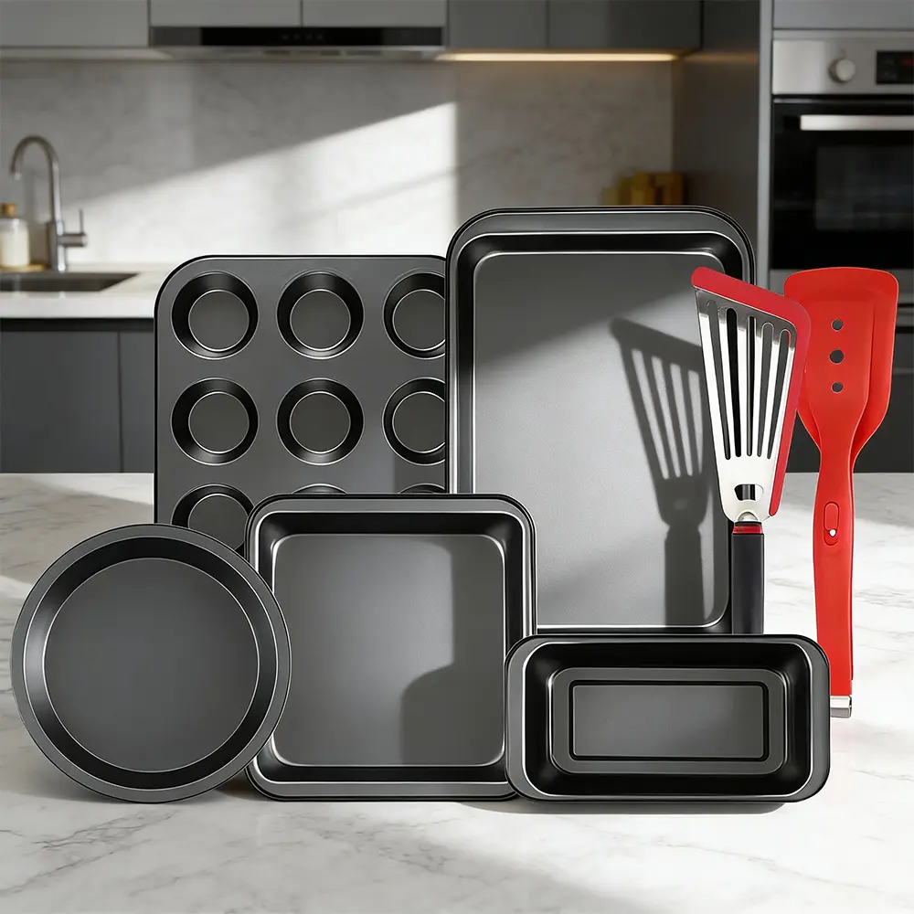 7-Piece Non-Stick Bakeware Set, Including Round & Square Baking Pans, Muffin Pans, Sturdy Oven Trays for Kitchen Baking, Black Gold Desserts & Birthday Use, Baking Pan