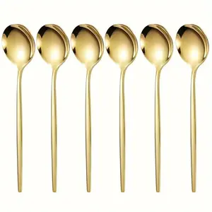 6/12 piece set of golden stainless steel spoons, Portuguese-style designed smooth conical handle spoons, sturdy and durable, can be washed in a dishwasher, perfect for holidays, restaurants, parties and daily meals, Utensils