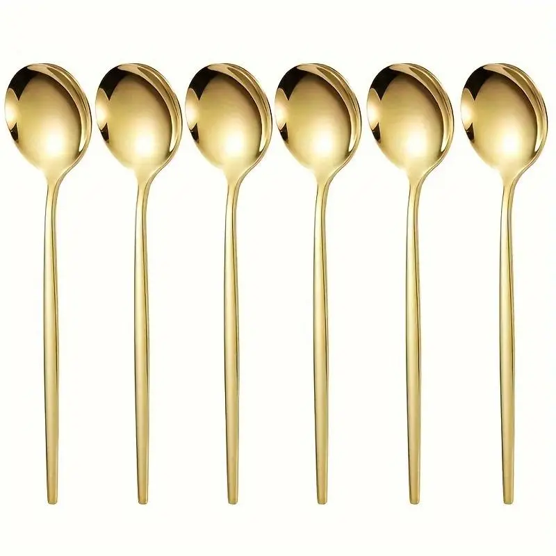 6/12 piece set of golden stainless steel dinner spoons, soup spoons, Portuguese-style designed smooth conical handle spoons, sturdy and durable, can be washed in a dishwasher, perfect for holidays, restaurants, parties and daily meals, Metal Utensils