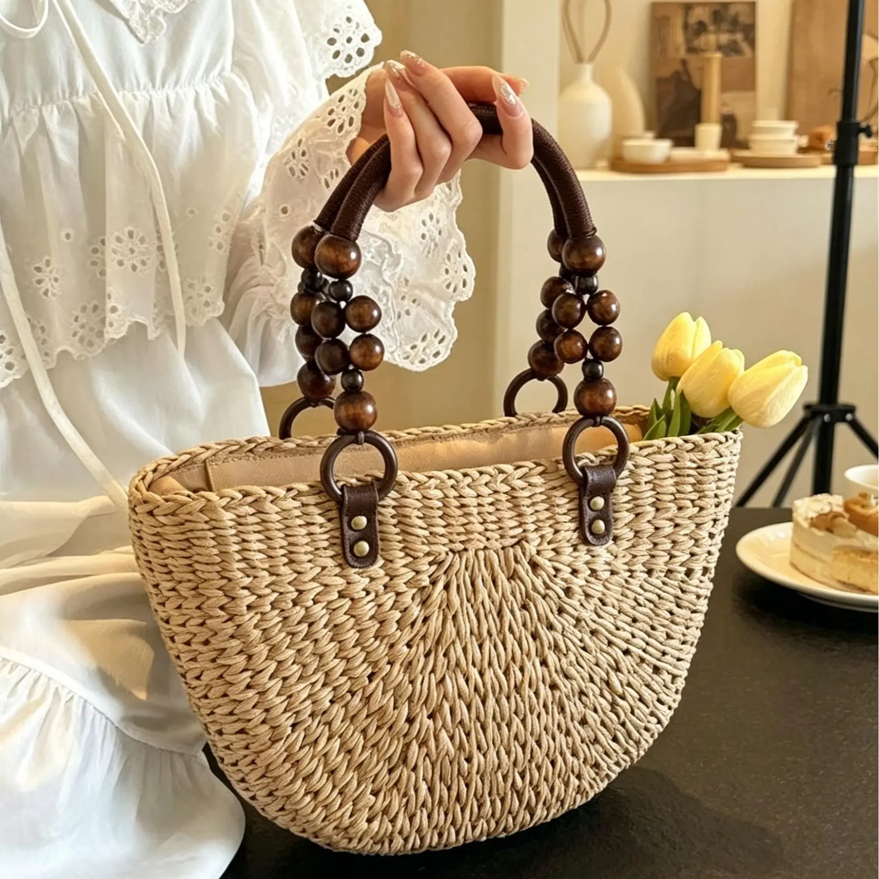 New Fashionable Handmade Paper Rope-Crochet Straw Shoulder Bag - Sports & Outdoor High-Capacity Tote with Beaded Accents, Wooden Bead Handles for Summer Beach Trips, Casual Versatile Use