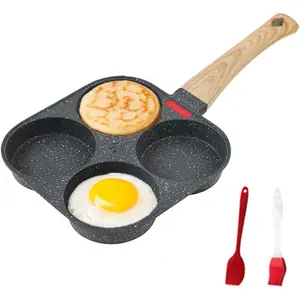 4-Section Non-Stick Granite Egg Frying Pan, Kitchen Cookware with Aluminum Base and Wooden Handle for Multiple Eggs