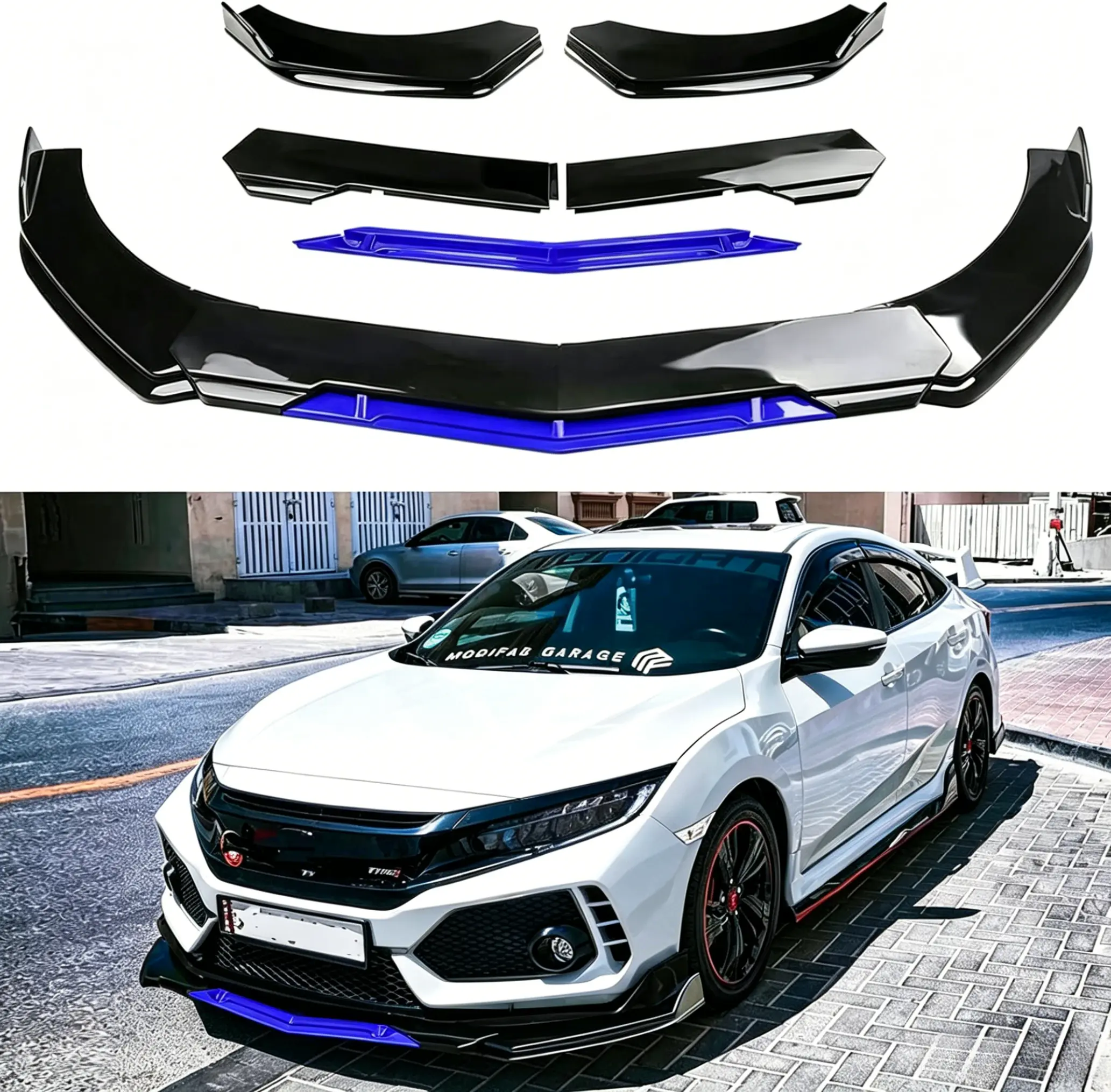 Gloss Black ABS Aerodynamic Bumper Guard Protector, 5PCS Universal Adjustable Front Bumper Lip Splitter Diffuser Kit, Two-Tone Sport Air Dam Spoiler, Easy Paste-On Wide Body Exterior Mod for Sedans & Sport Vehicles Automotive Wing Spoiler Rear Spoiler